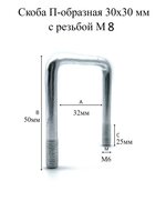 Скоба П-образная  30х30 мм с резьбой М8 без гаек (50шт) Мир Хомутов