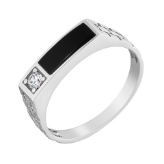 Печатка серебряная с обсидианом и фианитами