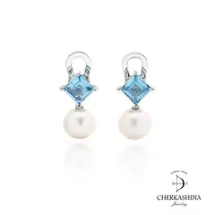 Серьги-пусеты "Морской круиз" с голубыми топазами и жемчугом