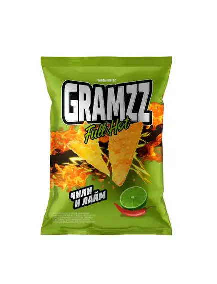 Острые чипсы начос «GRAMZZ» FULL-HOT Кукурузные Чили и лайм