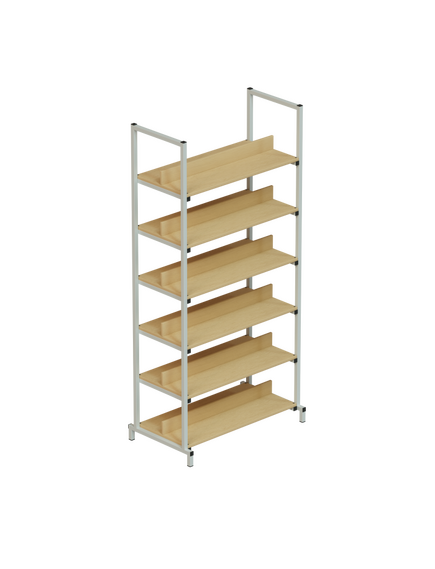 Стеллаж двухсторонний на металлокаркасе с горизонтальными полками