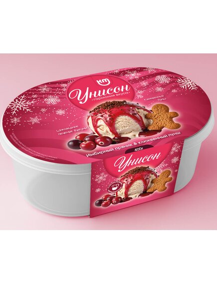 Мороженое сливочное со вкусом имбирного пряника, наполнителем «клюквенный пунш» и печеньем «Брауни»