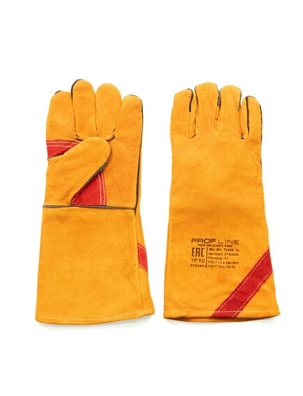 Краги 5-типалые ц/спилковые с подкладкой, желтый/красный, усиленный наладонник