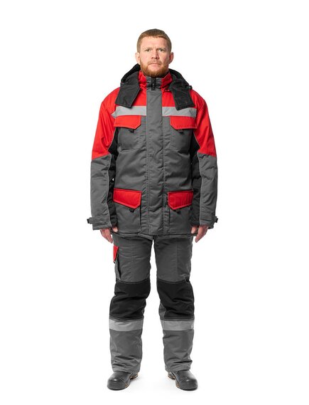 Костюм зимний мужской "Зимник", КОС631 куртка/п/к (серый/красный/черный)