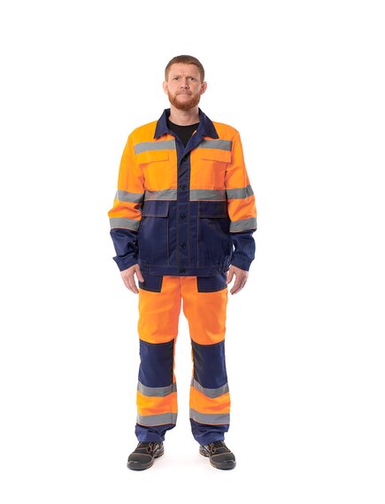Костюм сигнальный летний мужской "Дорожник" КОС 803 оранжевый с т.синей отделкой (куртка+пк оранж)