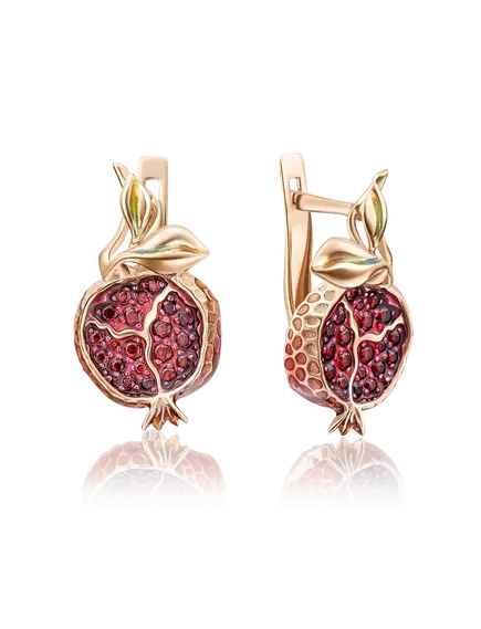 Серьги "Спелый гранат" с английским замком из красного золота с гранатами и эмалью
