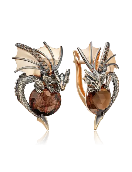 Серьги "Драконы" с английским замком из красного золота с цитрином и кварцем дымчатым