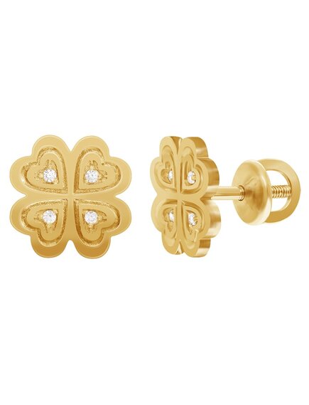 Золотые серьги-гвоздики Клевер с фианитами