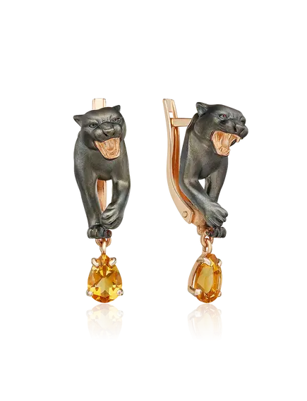 Серьги "Чёрные пантеры" с английским замком из красного золота с цитрином