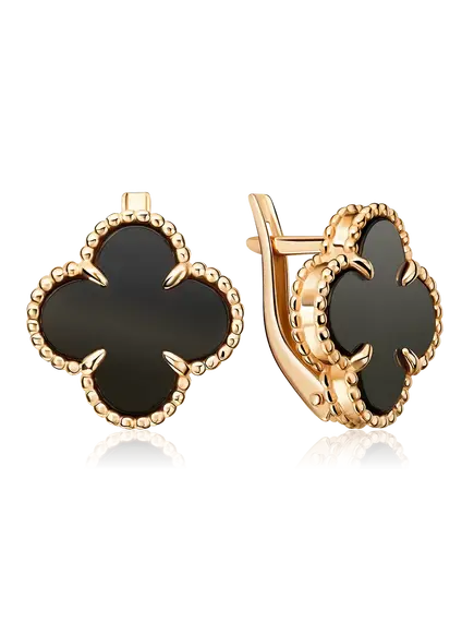 Серьги "Клевер" с английским замком из красного золота с ониксом