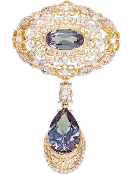 Брошь из желтого золота с александритами