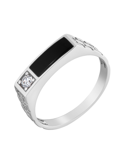 Печатка серебряная с обсидианом и фианитами