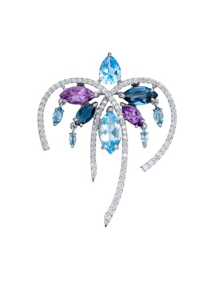 Брошь из белого золота с топазом SKY, аметистами и топазами