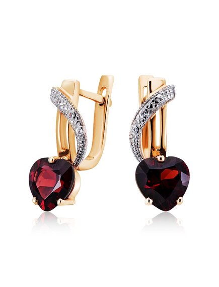 Серьги золотые "Сердце" с гранатом и фианитами