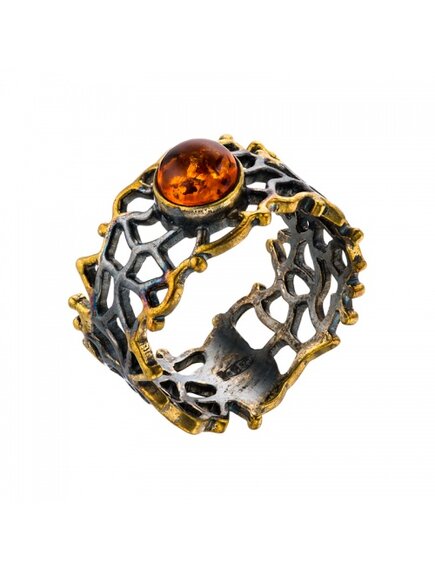 Кольцо широкое Янтарь и водоросли