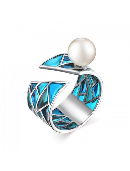 Стильное геометричное кольцо с витражной эмалью и жемчугом