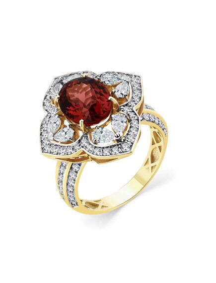 Кольцо жёлтое золото 585 пробы со вставками турмалин, бриллиант