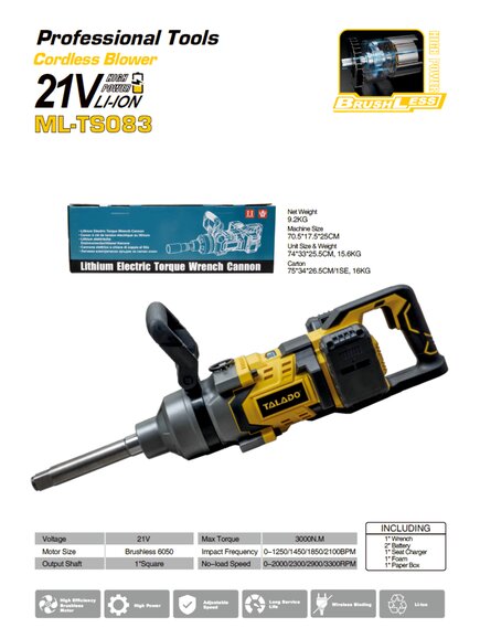 Аккумуляторный гайковерт TALADO ML-TS083 (3000 Н·м) — Мощь грузового шиномонтажа в ваших руках!