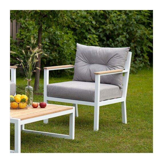 Кресло уличное SANTORINI, алюминий белый, светло-серая рогожка, дерево
