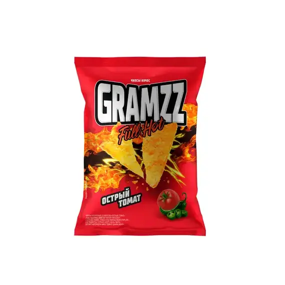 Острые чипсы начос «GRAMZZ» FULL-HOTКукурузные Острый томат