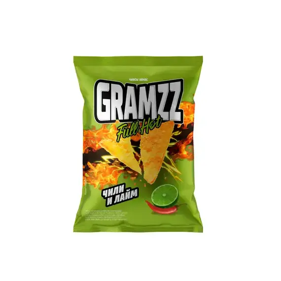 Острые чипсы начос «GRAMZZ» FULL-HOT Кукурузные Чили и лайм