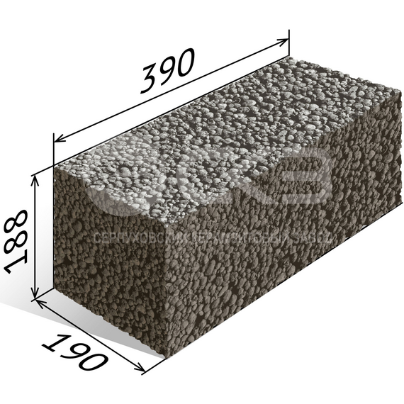 Блок керамзитобетонный стеновой полнотелый усиленный ПСКЦ 190