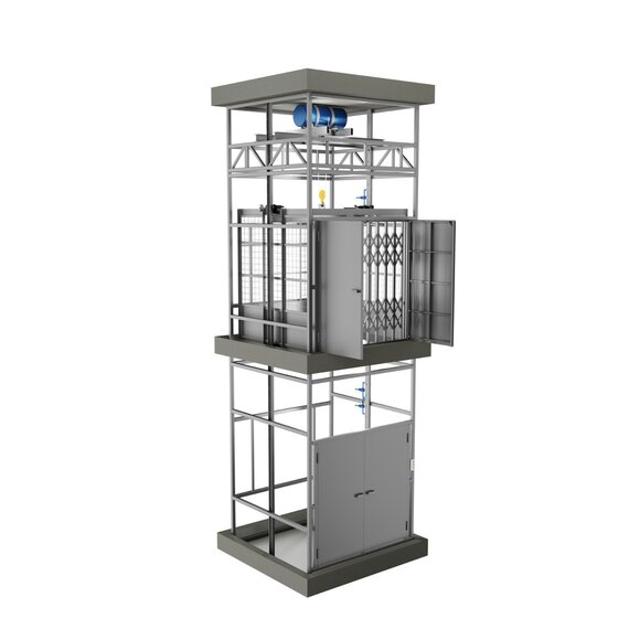 Грузовой подъемник в металлической шахте