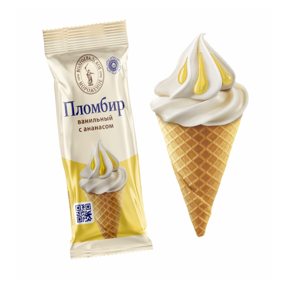 Мороженое пломбир ванильный с ананасом в вафельном сахарном рожке