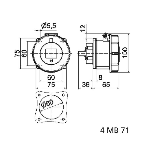 РОЗЕТКА ВСТРАИВАЕМАЯ 32A 4П(3P+PE) 3Ч, 380-440В, IP67 ФЛАНЕЦ 75Х75 BALS 13021 (РЕФ)