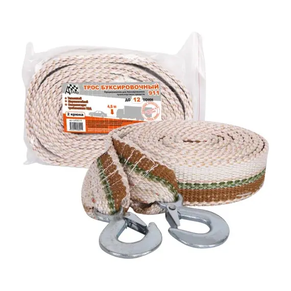 Трос буксировочный 12 тонн (ЛЕНТА,2 крюка,4.5м 8 шт коробка)