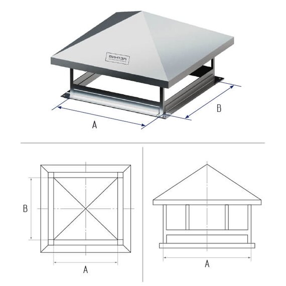 Зонт крышный прямоуг 1000х1000 [20] (оцинкованная сталь 1 мм)